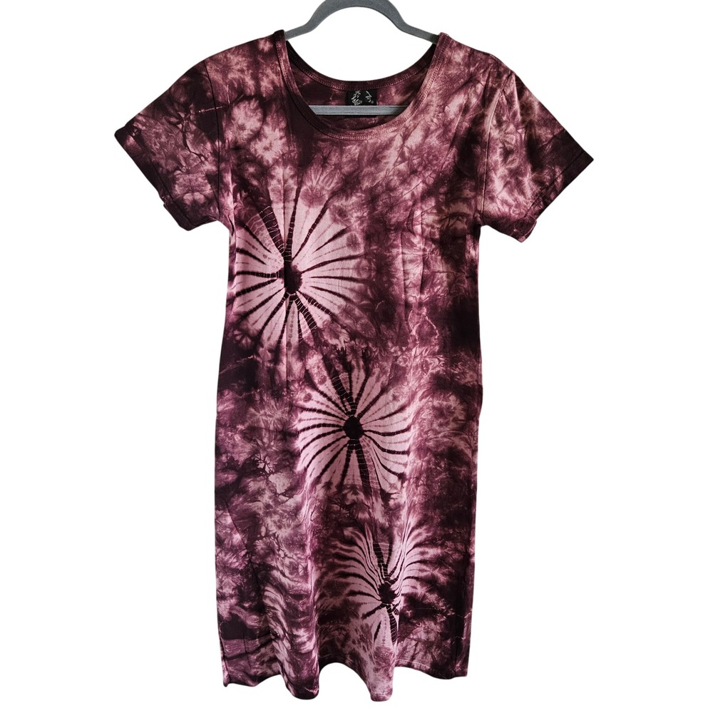 Lion King Womens Burgundy Tie Dye T-Shirt Dress Cotton Midi Short Sleeve S/M